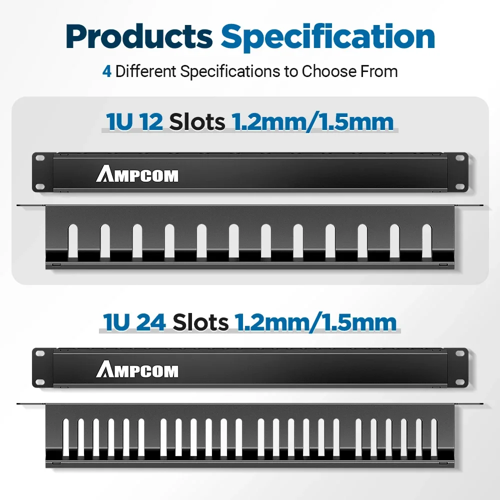 AMPCOM 1U Cable Management Horizontal Mount 19 inch Server Rack , 12/24 Slot Metal Finger Duct Wire Organizer with Cover