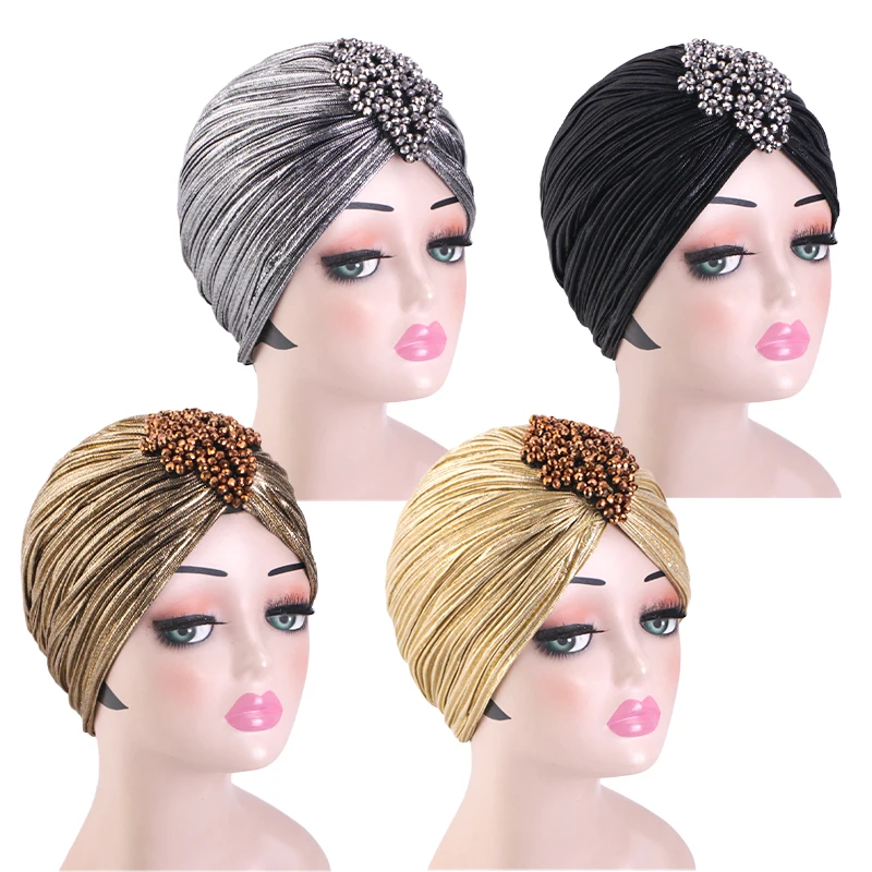 New Women Luxury Metallic Shinny Ruffle Turban Muslim Head Wrap With Beaded Flower Lady Chemo Bandanas Hijab Hair Accessories