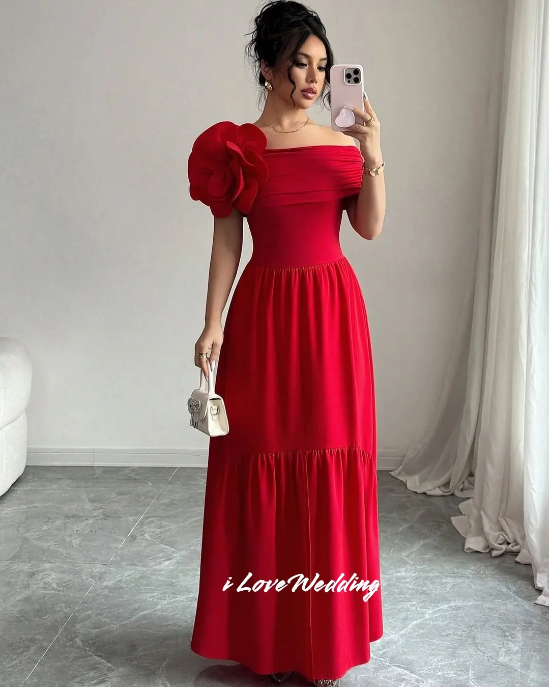 

Red Off Shoulder Prom Dresses 2025 Strapless Flowers A-Line Ankle-Length Pleat Evening Dresses For Special Occasions Customized