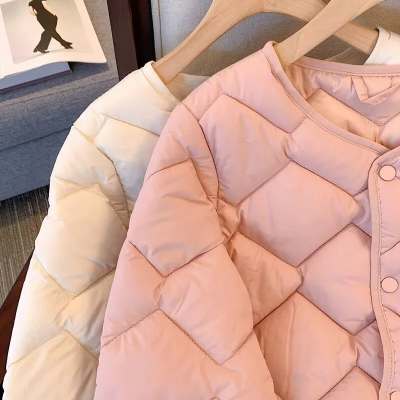 女性秋冬暖かい綿ジャケット軽量襟なしソフトパッド入りジャケットレディースカジュアルルーズシングルブレストキルティングコート