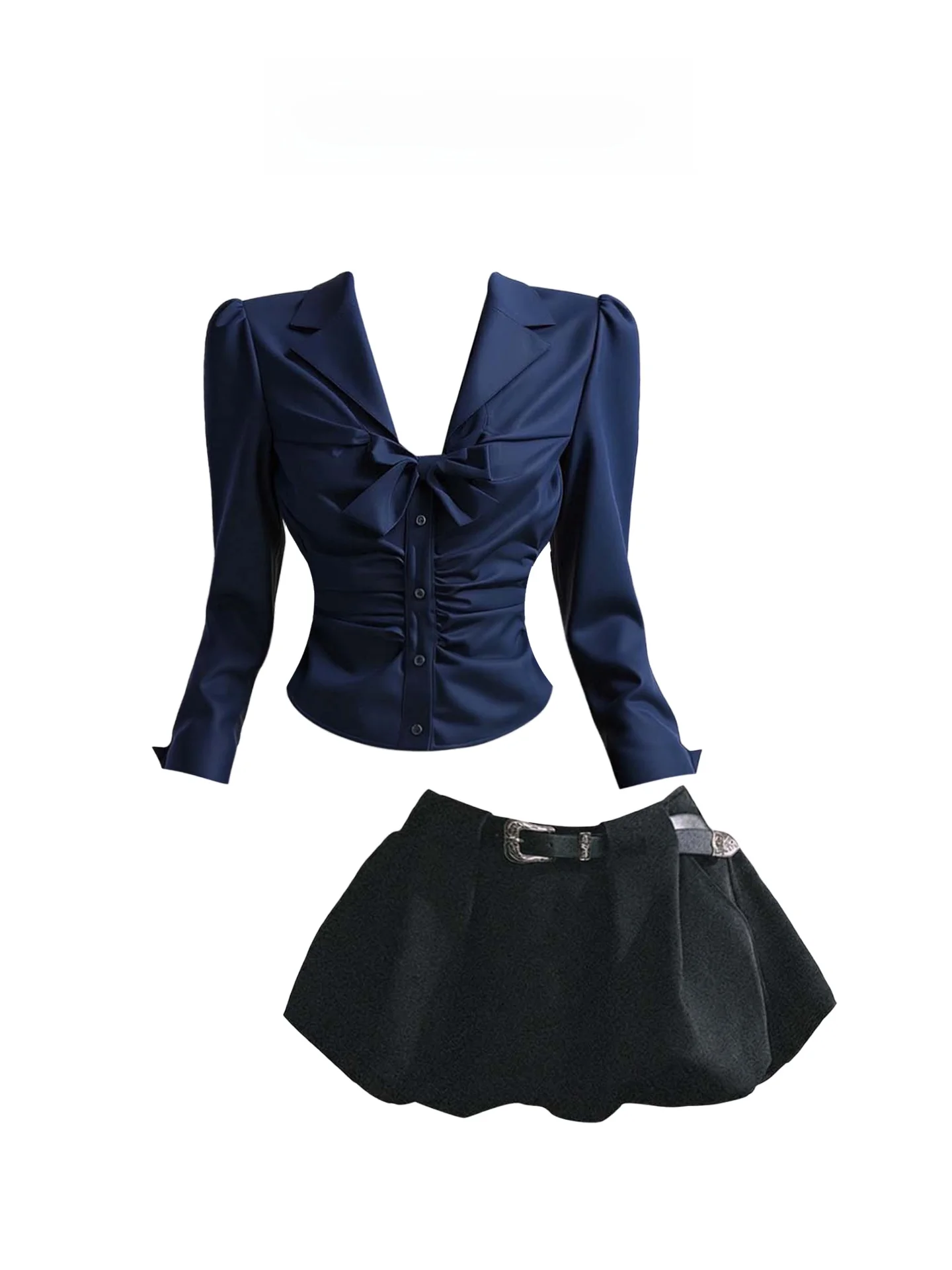 HEZA Sweet Knot V-Ne Long Sve irt Feminino Cintura Alta Emagrecer Flor Bud f Saia Conjunto Outono Faion plus...