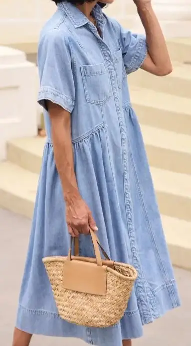 Spring & Summer New Fashion Women's Denim Pocket Dresses Female Daily Clothing Casual Women Simple Loose A Line Dress