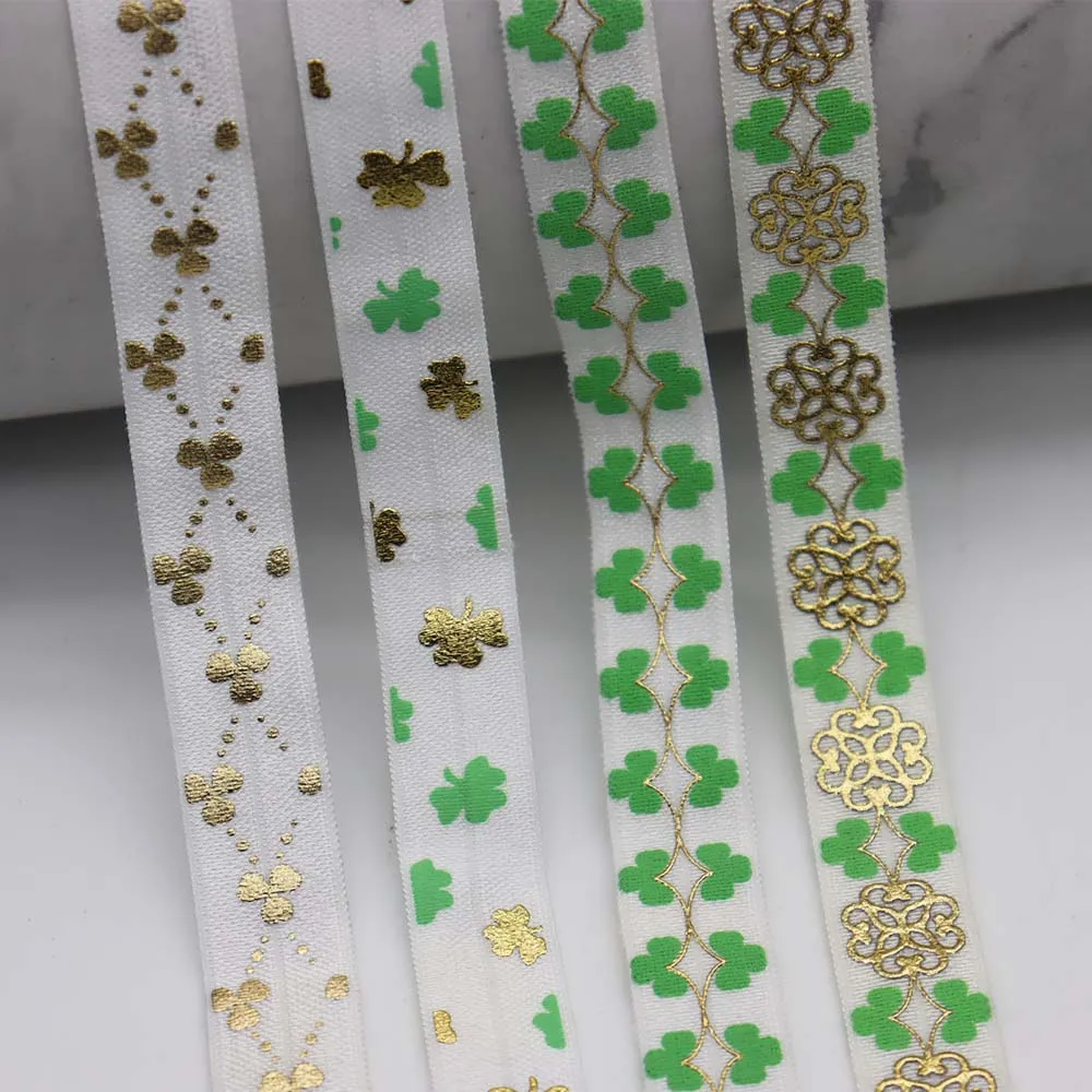 

5/8'' 15mm Gold Green Clovers Printed Shiny FOE Band Fold Over Elastic Ribbon For Saint Patrick Day Decoration DIY Sewing Crafts