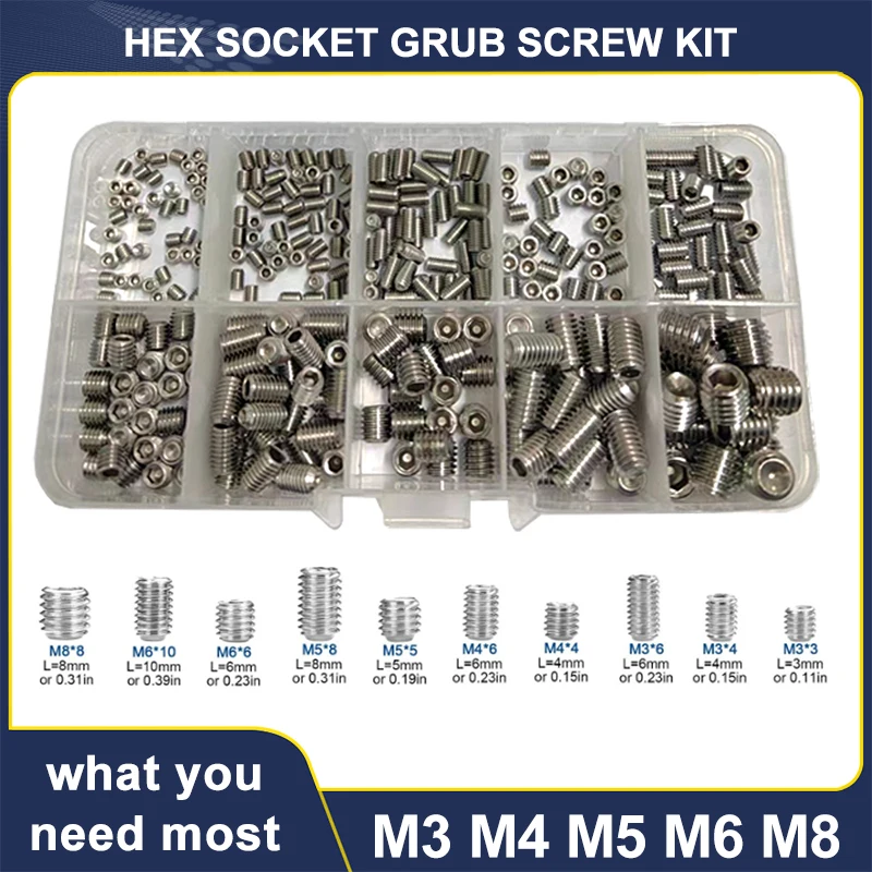 

M3 M4 M5 M6 M8 DIN916 304 Stainless Steel Hexagon Socket Allen Cup Point Flat End Grub Bolt Set Screw 330Pcs