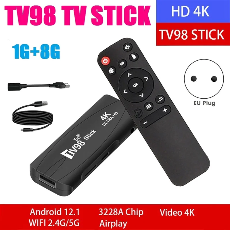 TV98 TV 스틱 1G + 8G 안드로이드 12.1 2.4G 5G 와이파이 안드로이드 스마트 TV 박스, 4K 60Fps 셋톱 박스 (EU 플러그)