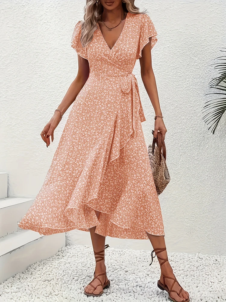 Robe d'été à lacets imprimée pour femmes, robes florales, robes à manches courtes, robes décontractées, robe de vacances, vêtements pour femmes, nouvelle collection