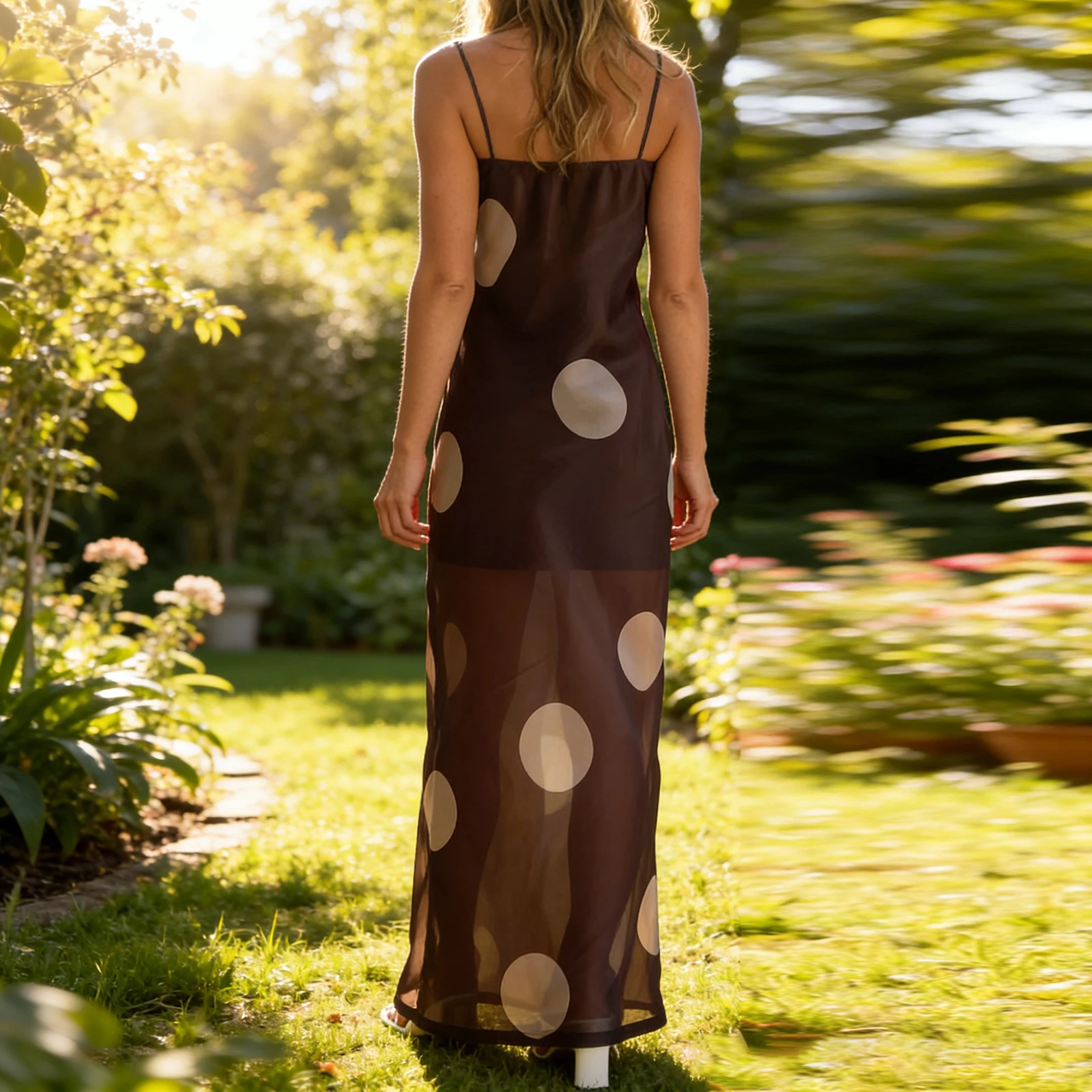 Frauen Sommer y2k Vintage Dots Print Mesh Sheer Maxi Kleid Ärmelloses Rückenfreies Spaghetti Strap Durchsichtig Club Party Cami Kleid