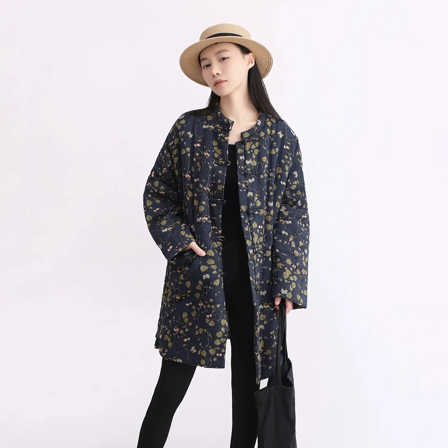 Kurtka zimowa LZJN, midi, w kwiaty, ocieplana bawełną – nowa, w stylu chińskim, ciepła, luźna, ze stójką, zapinana na guziki typu frog, postarzana.