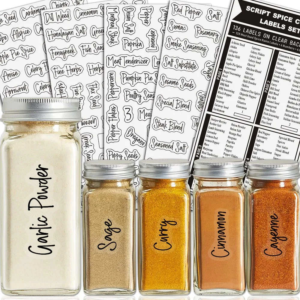 138pcs Waterproof Transparent Spice Jar Labels,Seasoning Bottle Stickers Food-Grade Paper Tags for Kitchen Organization Storage