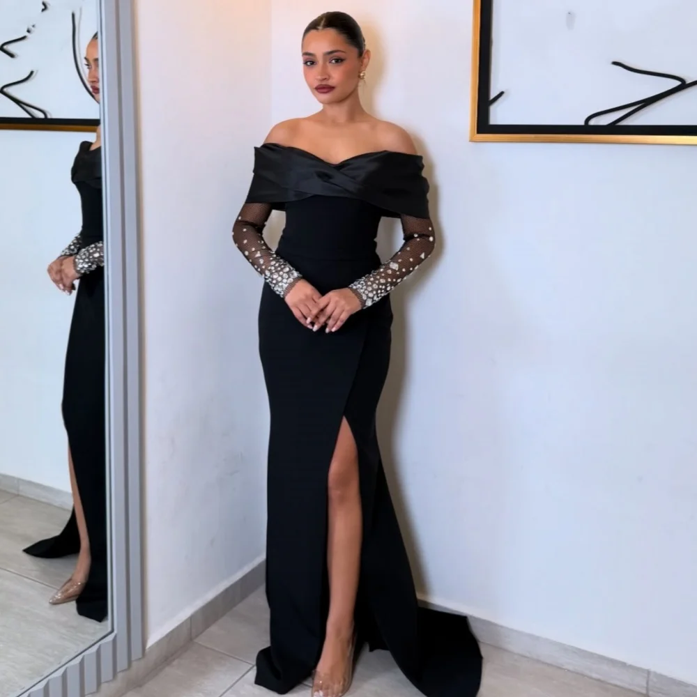 تخصيص الطراز الحديث أنيقة جيرسي حجر الراين Ruched حورية البحر خارج على الكتف فساتين طويلة مخصصة فساتين المناسبات الموضة