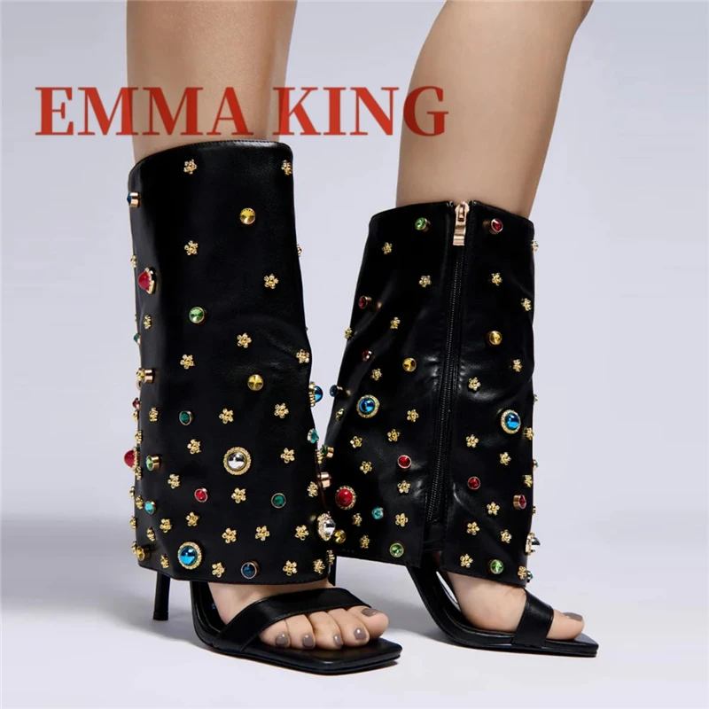 

Женские сандалии до середины икры с квадратным открытым носком, пикантные босоножки на высоком каблуке-шпильке с шипами и стразами, вечерние туфли с драгоценными камнями и боковой молнией