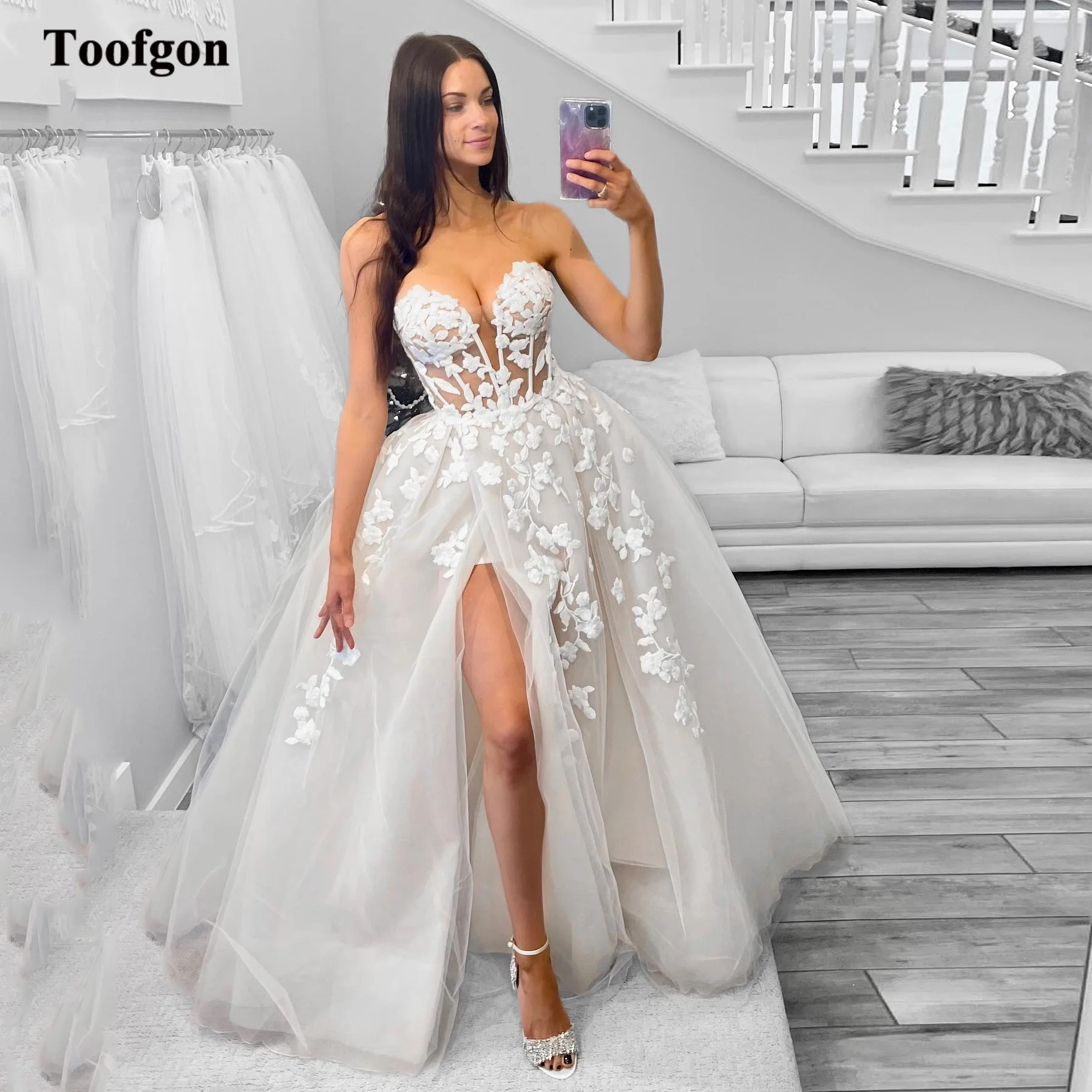 Toofgon A Line Tulle Appliques Lace Bride Dresses For Wedding Sweetheart Split Front Bridal Gowns Formal Party Wedding Dress