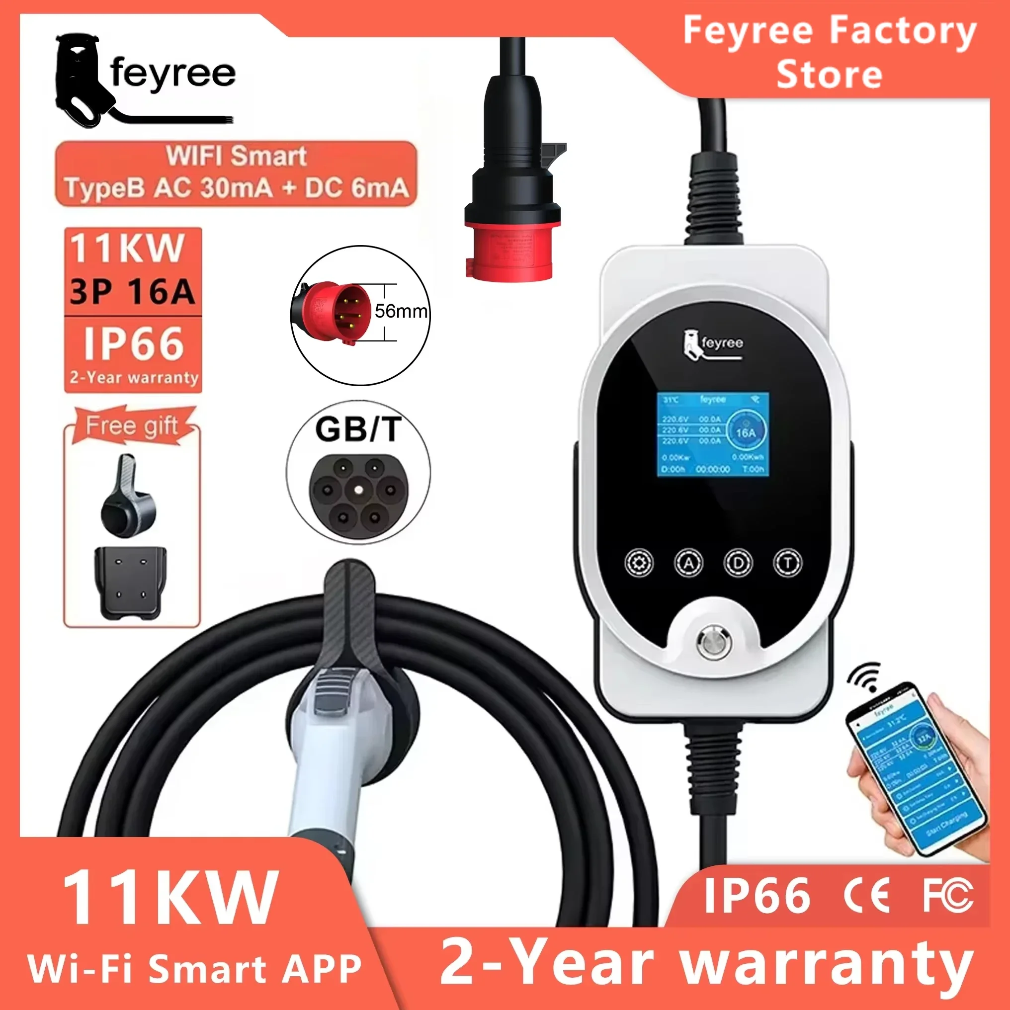 feyree 11KW 16A 3Phase GB/T Socket  EV Charger EVSE Wallbox Smart APP Control EV Charging Station CEE Plug for Electric Vehicle