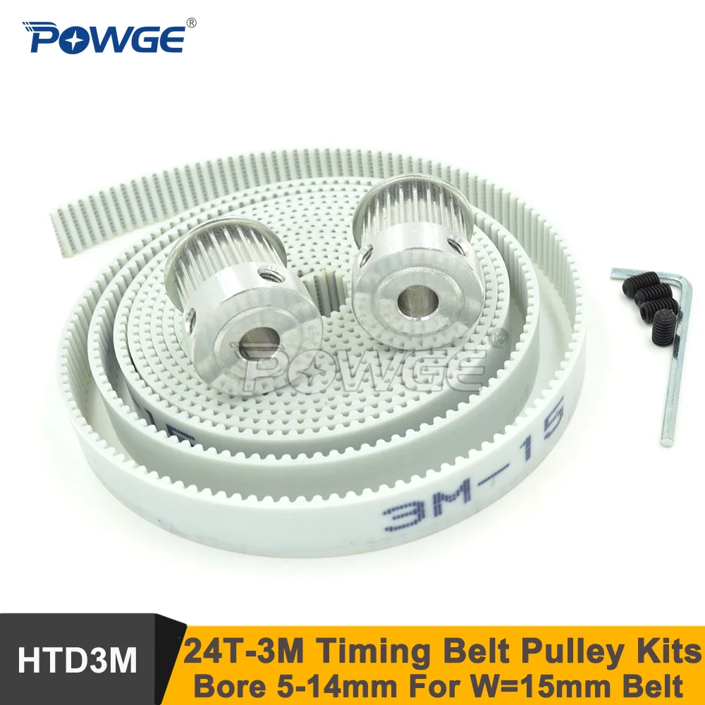 

POWGE 2pcs 24 Teeth 3M Timing Pulley Bore 5-14mm + 2meters PU 3M Synchronous Belt W=15mm 24T 24Teh HTD3M Timing Belt Pulley Kits