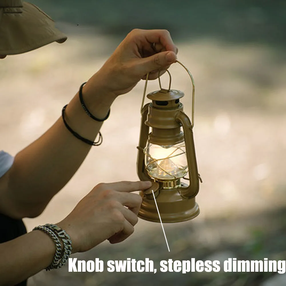 Portable Camping Lantern LED Vintage Kerosene Oil Lamp Battery Camping Tent Light Outdoor 3 Modes Dimming Lighting Ramadan