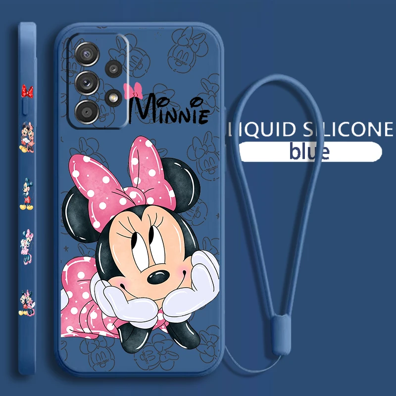 Cute Mickey Minnie For Samsung Galaxy A73 A54 A34 A53 A33 A52 A32 A22 A71 A51 A21S 4G 5G Liquid Left Rope Phone Case Coque Capa