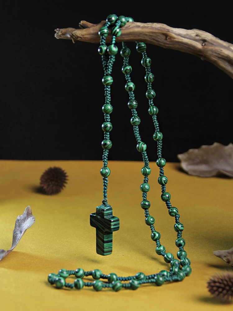 6mm Malachite Christ Rosary Necklaces Natural stone Cross Pendant Necklace Knot,Men Women Jewelry,Wholesale