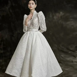 Customized Wedding Gown A-line Elegant Lace High Long Sleeve Bride Dresses Romantic Dress Vintage Mid-Calf Свадебное платье