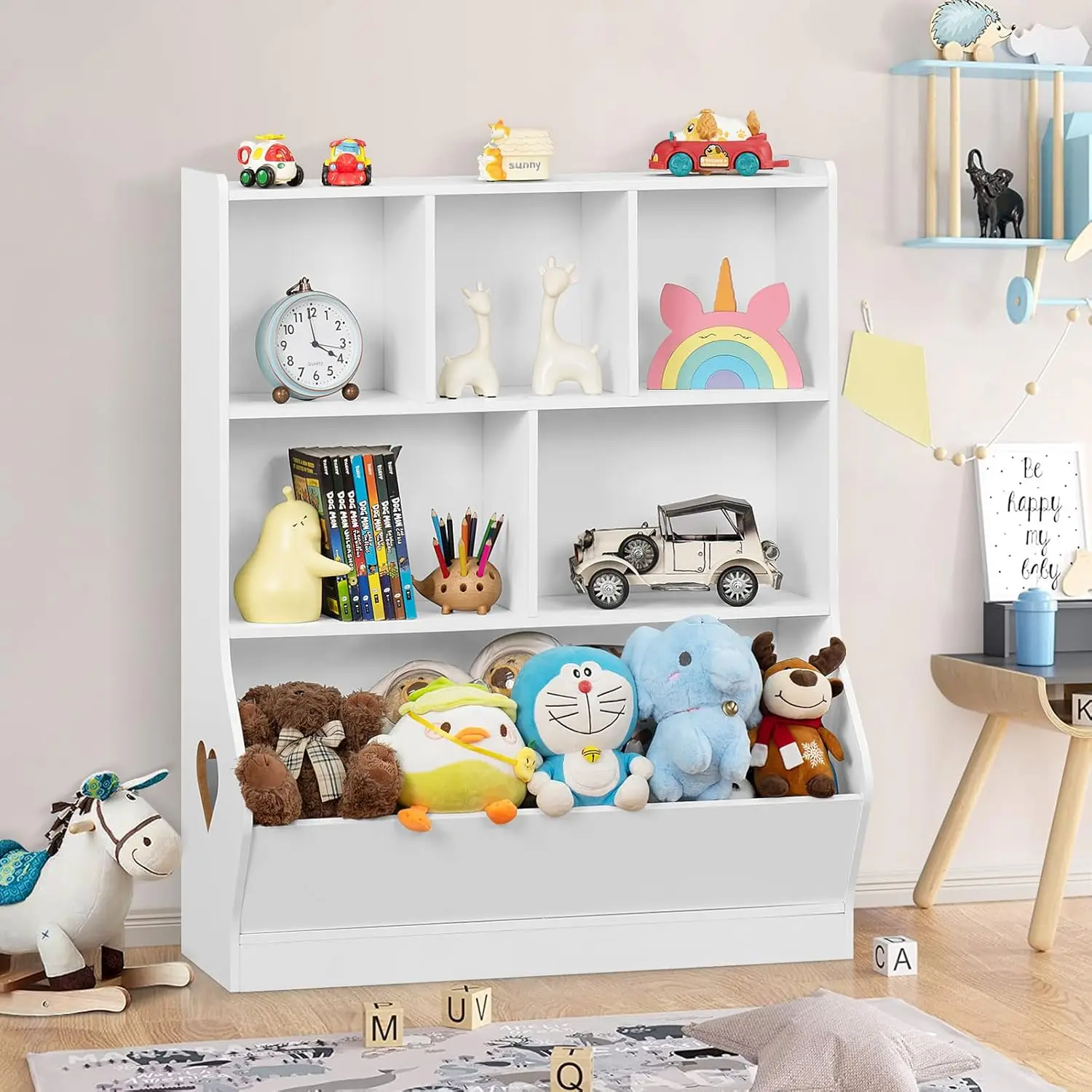 Kids Storage Organizer, 3 Tier Children Bookcase and Bookshelf, Toddler 6 Cubby Cabinet, Wood Book Shelf for Playroom, Bedroom,