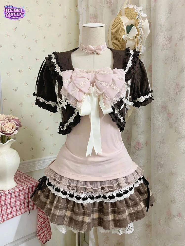 

Japanese Vintage Sweet Lolita 3 Piece Set Wome Lace Cardigan + Pink Camisole + Plaid Tiered Cake Skirt Kawaii Fashion Outfit