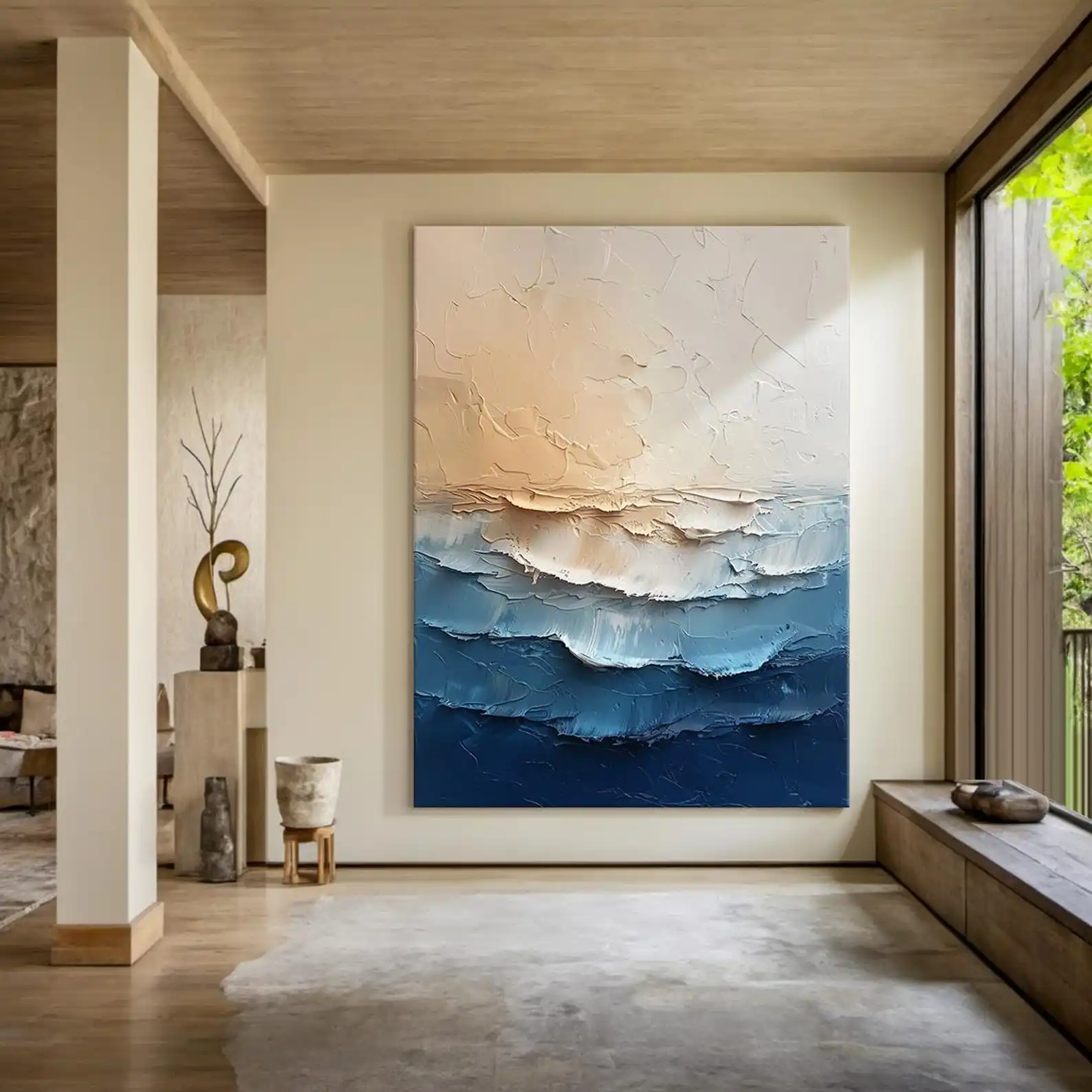 

Mhemyo Abstract Hand Painted Blue Wave Oil Painting Beige Beach Landscape Wall Art Modern Large Texture Artwork For Living Decor