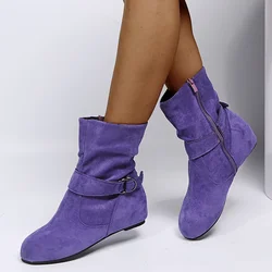 Frosted Ankle Boots Women Soft Leather Pleated New Fall Winter 2024 Warm Boots Non-slip Comfy Purple Plus Size 43 Women's Boots