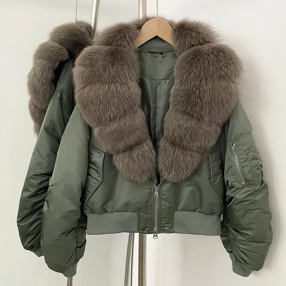 معطف قصير 90% من ريش البط الأبيض سترات نسائية للخريف والشتاء الجديد معطف فرو الثعلب الطبيعي الكبير للنساء سترة من الفرو الحقيقي