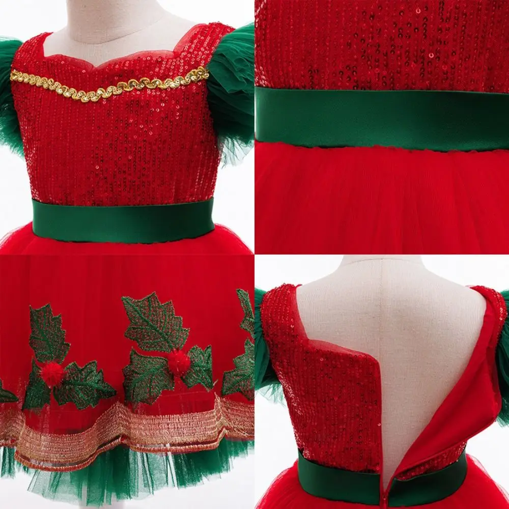 Mesh Puff Skirt Christmas Princess Dress Lace Collar Short-Sleeved Party Gown Glitter Design Flying Sleeve Girls Formal Dress