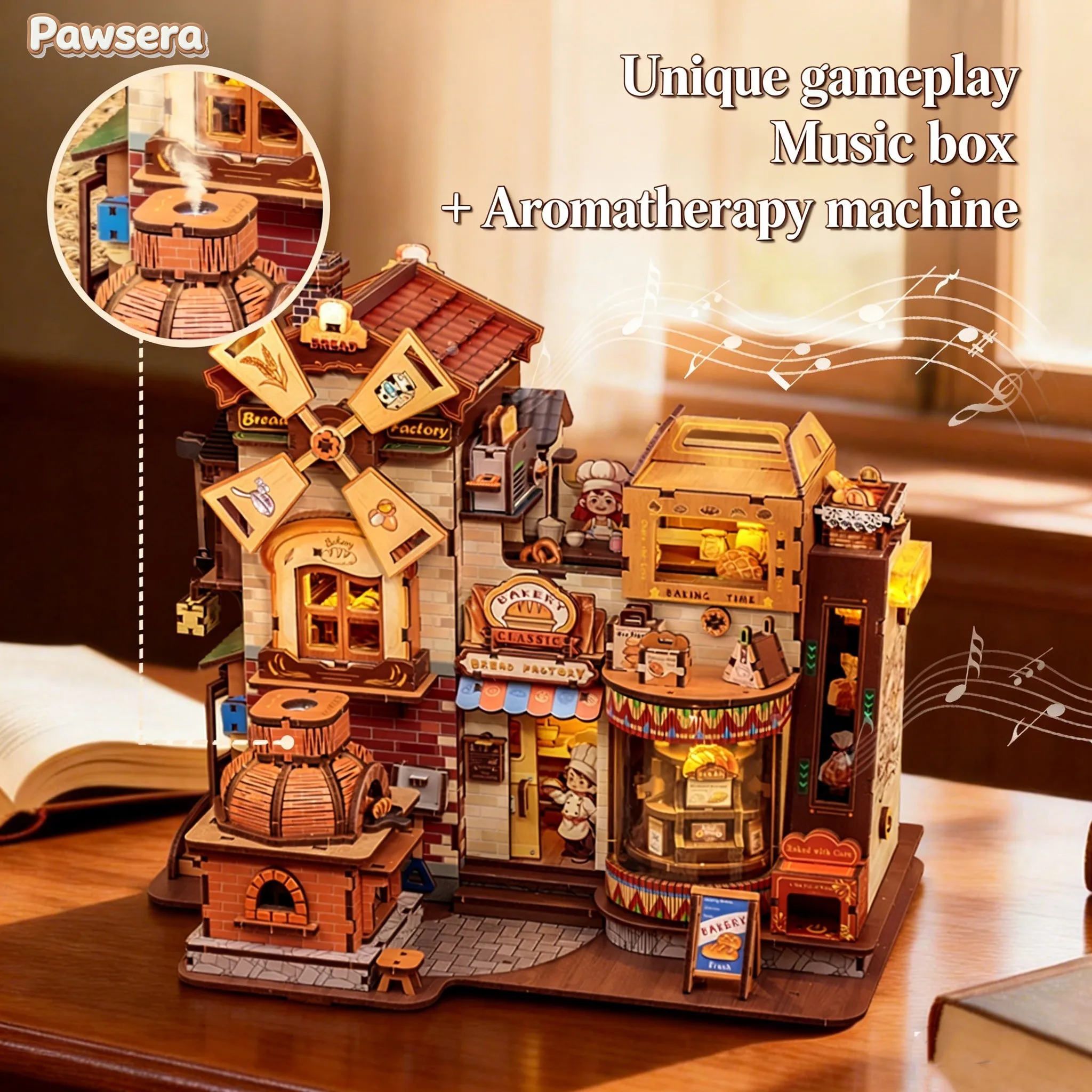 

Pawsera DIY 3D Miniature Factory Bread Music Box Kit with LED Light Touch Modes Building Toy for Home Decor Creative Gift