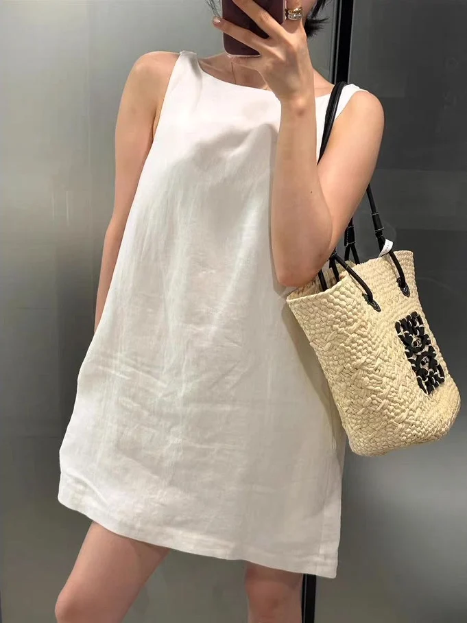 White Loose Sleeveless Vest Dress Summer Simple Beach Vacation Style Short Skirt Lightweight Maternity Summer Dress Vest Dress