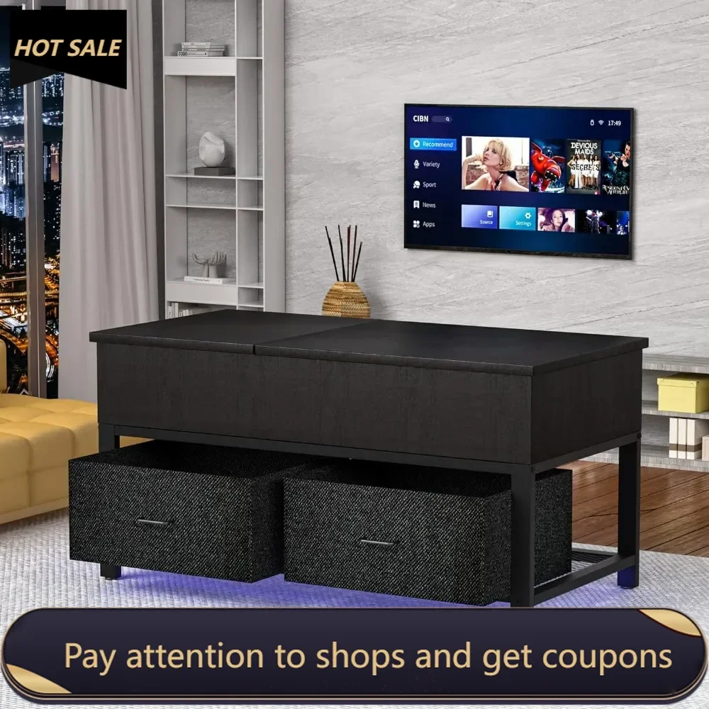 Lift Top Coffee Table With Storage for Living Room LED Furniture 39.4" Modern Square Center Tables With USB Charging Port Coffe