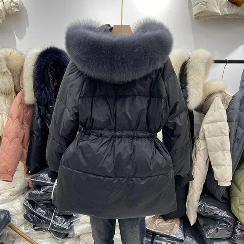 2024 Winter Women\'s Down Jackets Ultra Light Warm Coat Female Jacket Woman With a Belt Hooded Parka Big Fur Collar Overcoat