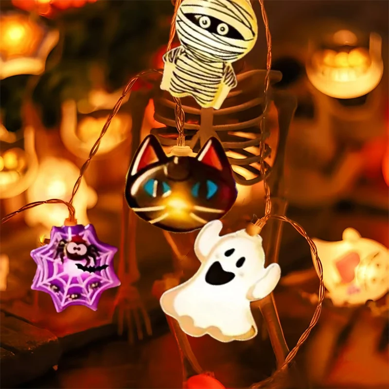 

10/20 LED Halloween Fairy Lamps Battery String Lights With Ghost Witch Cat Pumpkin Spider Skeleton Mummy Pirate Shape Home Decor