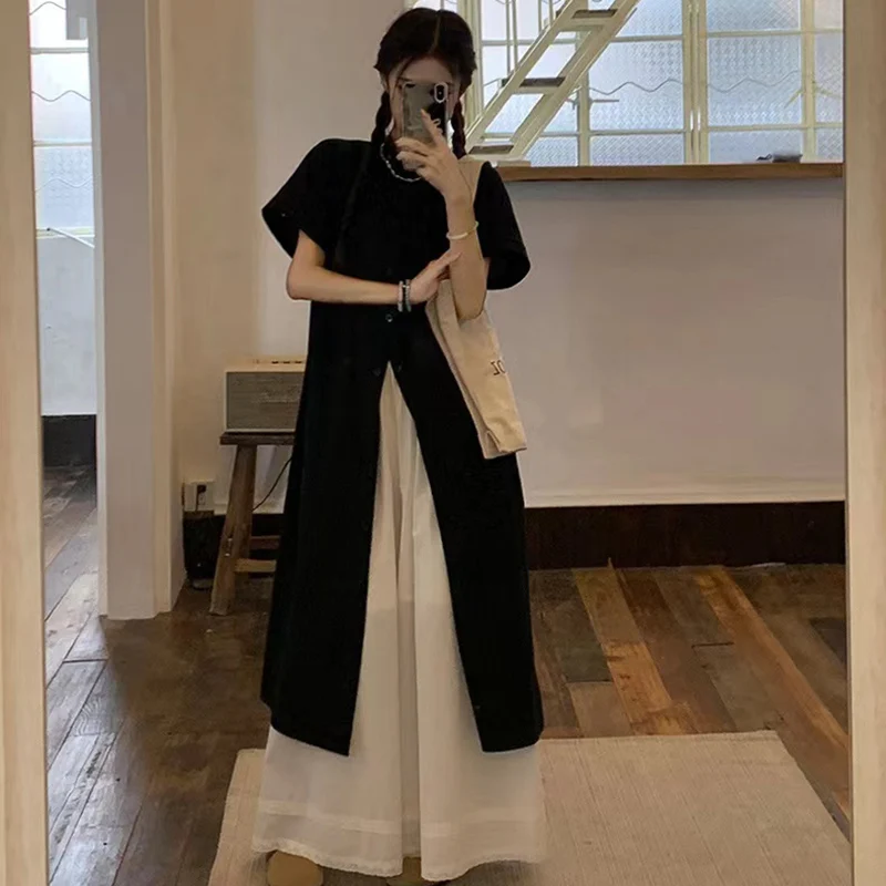 Japanese Midi Black Shirt Women Summer Fashion Short Sleeve Casual Loose Buttons Top Female Chic Yamamoto Style All-Match Blouse