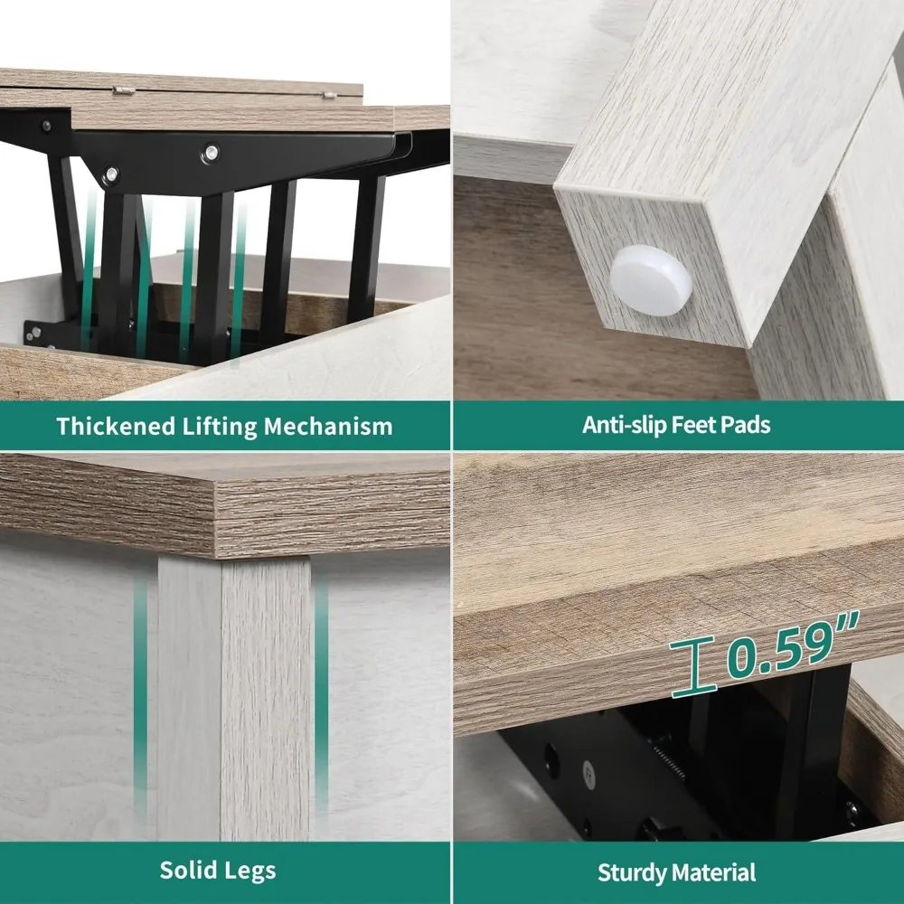 Mesa de centro elevatória, mesas de centro multifuncionais 3 em 1 com armazenamento para sala de estar, mesa de jantar moderna de fazenda para pequenas