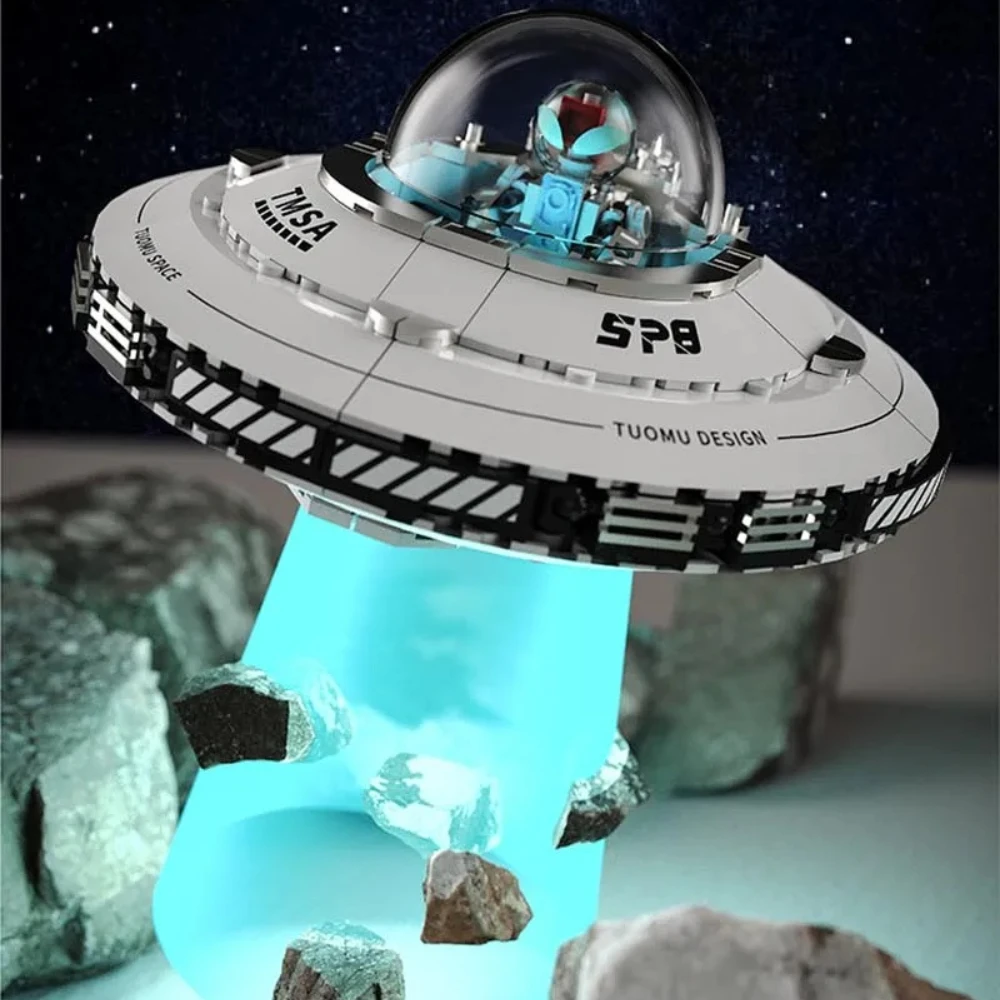 Technical Science and Education UFO Spaceship Building Blocks with LED Light Spacecraft Model Bricks Toys for Kids Gifts Boys