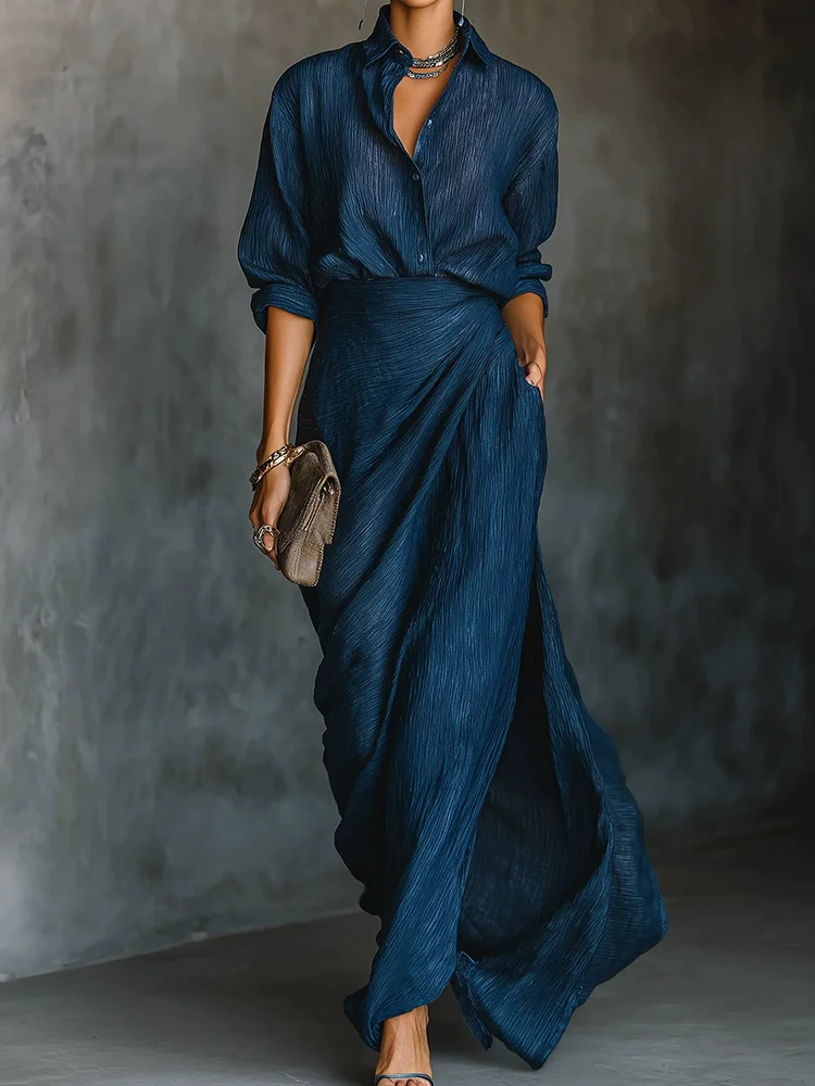 

Solid Cardigan Top Maxi Skirts 2PCS Sets, Women Spring Autumn Turn-Down Collar Simple Outfit, Long Sleeve Fashion Ladies Suits