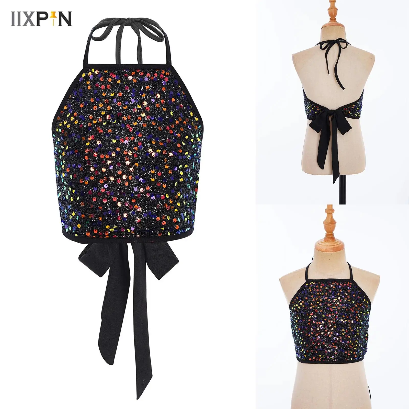 

Kids Girls Sparkling Sequins Camisole Sleeveless Crop Top Vest for Birthday Party Jazz Latin Dance Stage Performance Dancewear