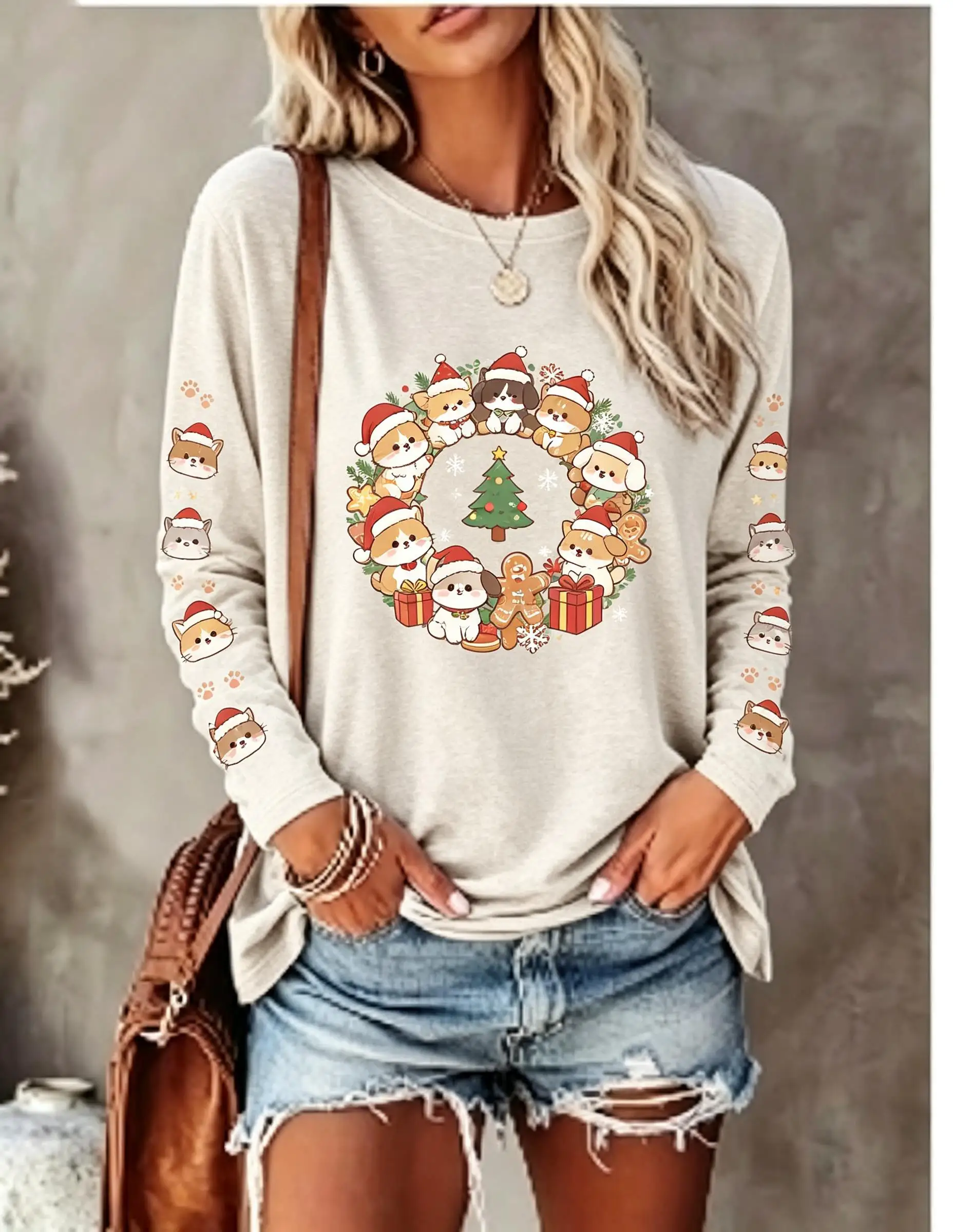 Women Long Sleeve T‑Shirt Christmas Cute Cartoon Animals Penguin Fox Xmas Tree Gift Print Crew Neck Casual Winter Tops
