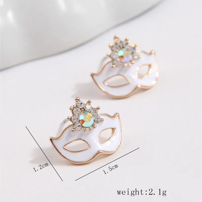 Kymyad Korean Style Crystal Stud Earrings for Women Gold Color Enamel Mask Women\'s Earring Statement Luxury Gift Jewelry