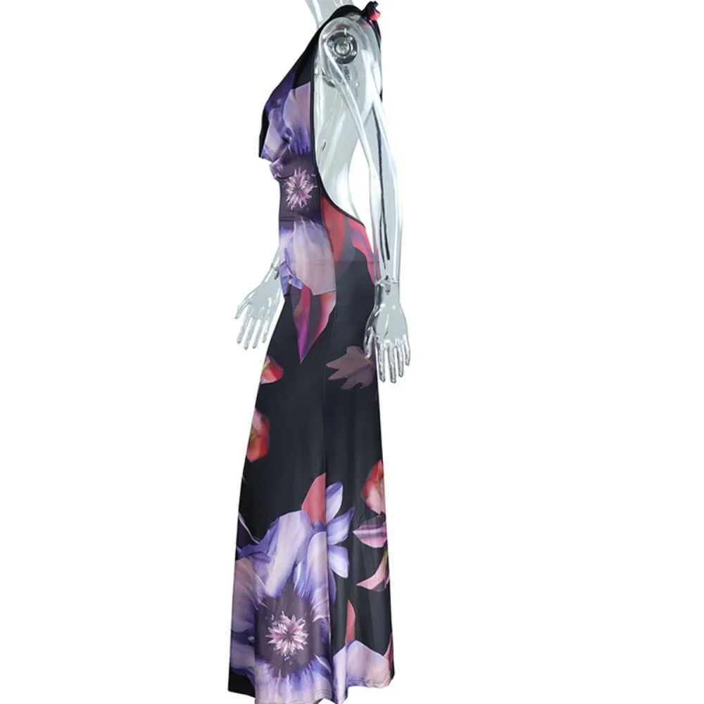 Beach Outfits Purple Print Backless Long Dresses Hanging Collar V Neck Halter Dress Silm Sleeveless Maxi Dress Date