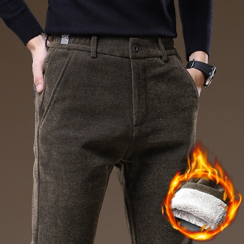 Casual Pants Men Winter New Fleece Business Elastic Waist Slim Korean Warm Thick Brushed Plush Trousers Male 28-38
