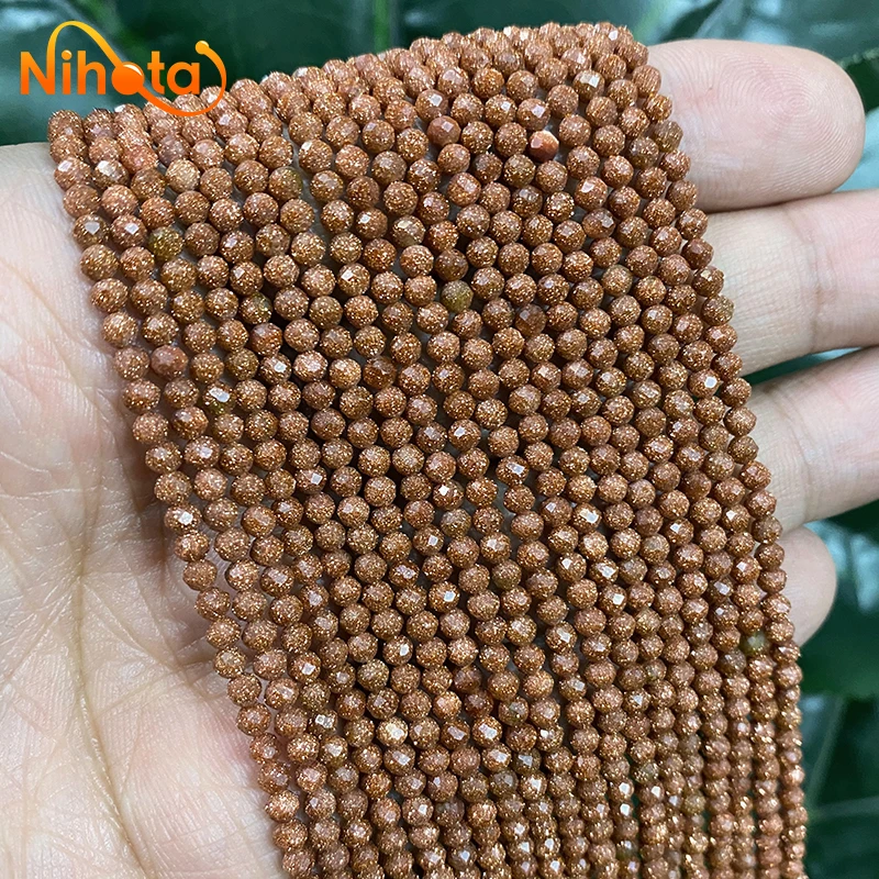 2mm/3mm Natural Stone Faceted Golden SandStone Round Beads DIY Bracelet Necklace Earrings Beads for Jewelry Making 15'' Strand