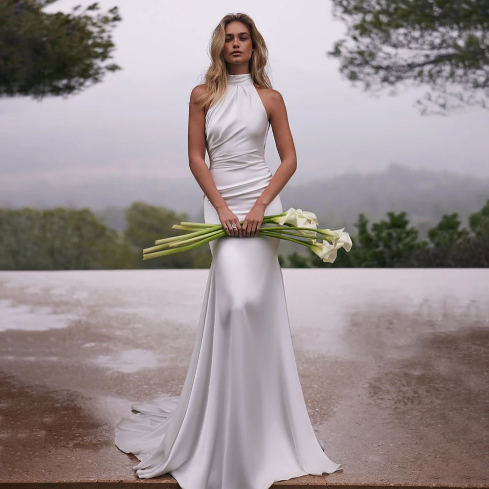 ホルターネックのウェディングドレス、コートトレイン、ノースリーブ、マーメイドライン、ブライダルドレス、ウェディング用、バックレス、ベスティドス・デ・ノビア、カスタムメイド