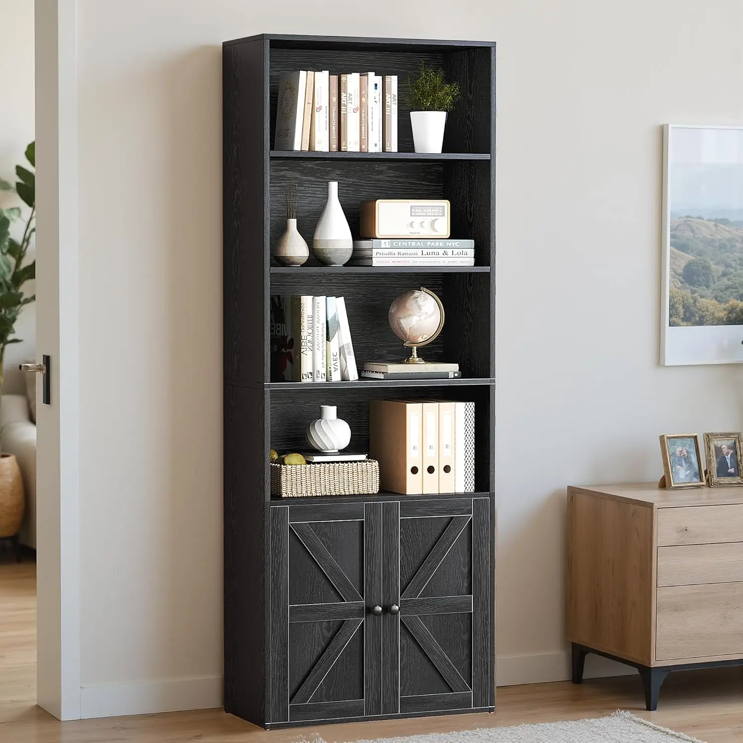 

71.5" Tall 4-Tier Industrial Storage Bookcase with Doors, Floor Standing Display Cabinet for Home Office Living Room, Customized