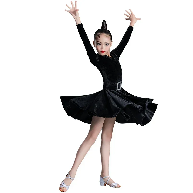 Children Latin Dance Dress Training Clothes Grey Autumn Winter Korean Velvet Long Sleeve Girls Competition Clothes