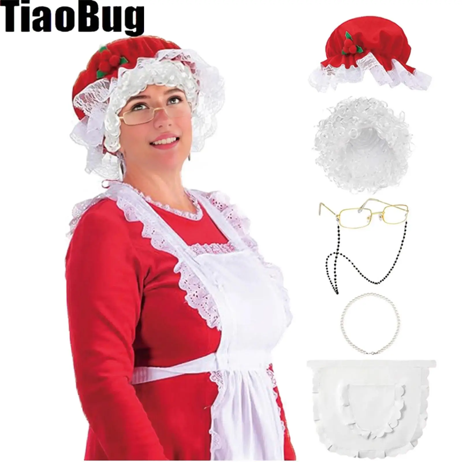 

Женские рождественские костюмы миссис Клауса для старых женщин, комплекты для парика, очков и сетки для волос, фартук и т. д. для костюма Клауса, косплея, вечеринки