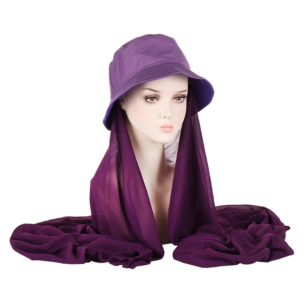 

Summer Sports Cap with Chiffon Hijab Muslim Women Chiffon Hijab with Bucket Hat Ready To Wear Instant Chiffon Sport Scarf Shawls
