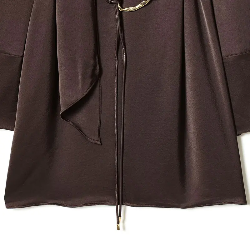 NLZGMSJ 2026 봄 파티 드레스 여성 긴 소매 스카프 칼라 미니 드레스 패션 섹시 새틴 브라운 벨트 드레스