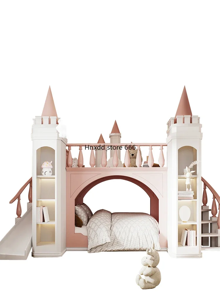 Children's bed girl princess castle, upper and lower beds, luxury large apartment dream child bed with slide cabinet